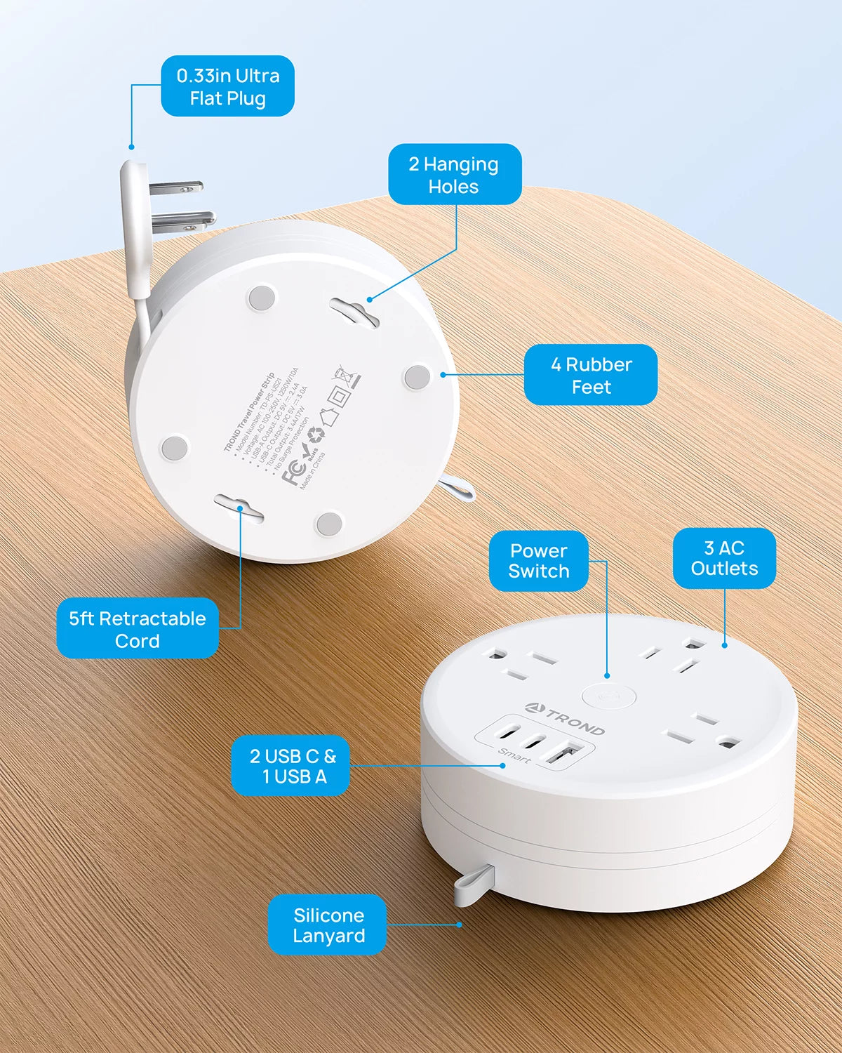 Travel Power Strip with USB C Ports, 3 AC Outlets, 5ft Extension Cord Z16763