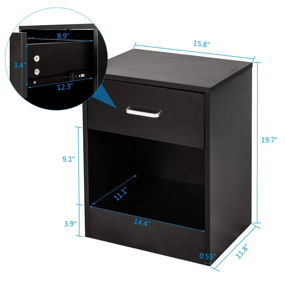 Set of 2 Black Wood Nightstand with Drawer S310878