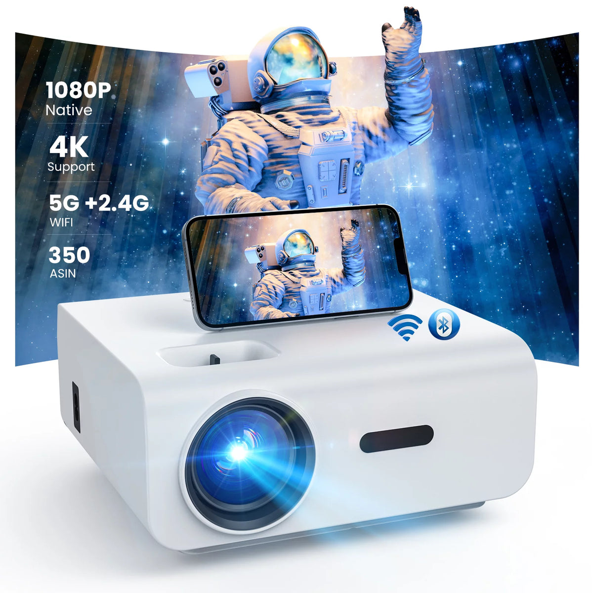 5G WiFi Bluetooth 1080P Projector with 100 Projector Screen J1394