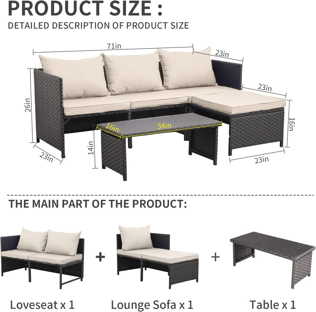 3-Piece Outdoor PE Rattan Patio Conversation Sofa Set K378