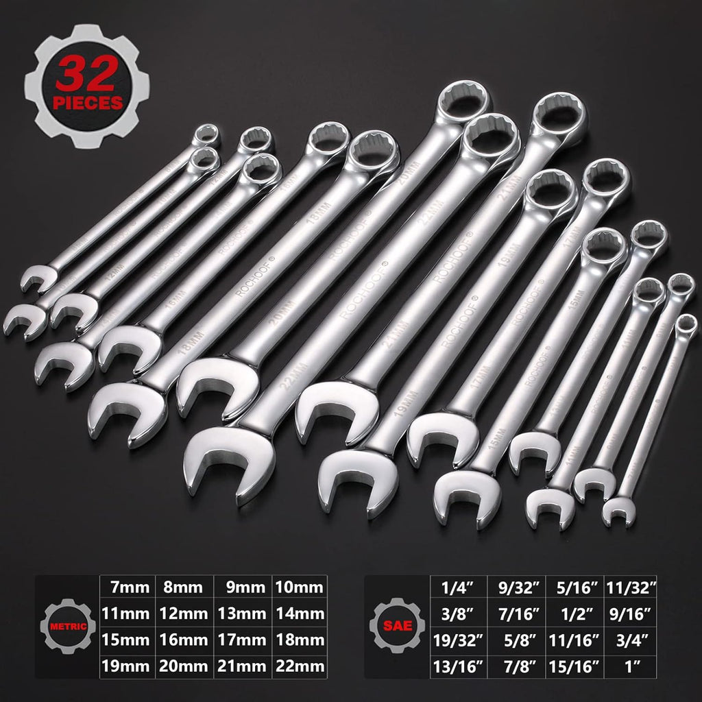 32-Piece Chrome Vanadium Steel Combination Wrench Set with Rolling Pouch W3377