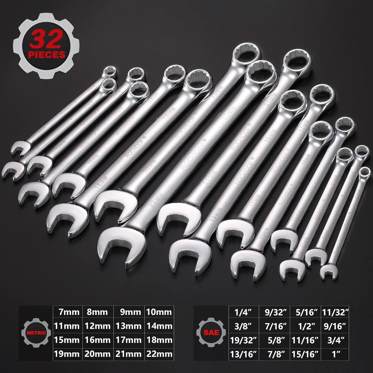 32-Piece Chrome Vanadium Steel Combination Wrench Set with Rolling Pouch W3377