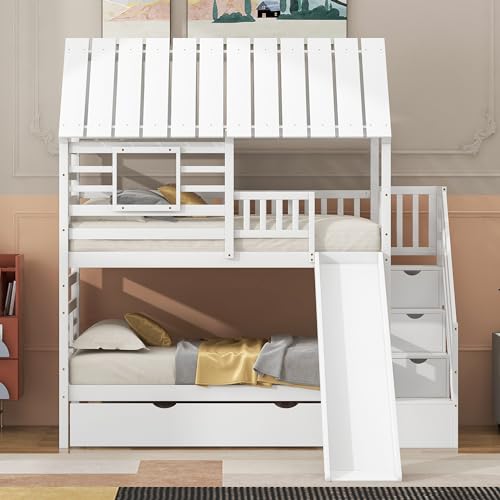 White Twin Over Twin Wood Bunk Bed with Slide and Trundle L618