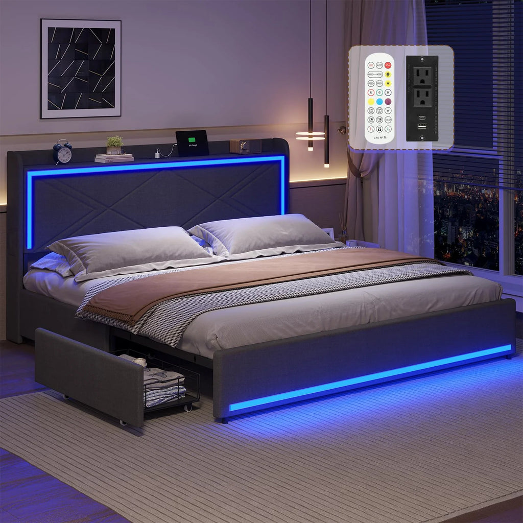King Size Faux Leather Upholstered Platform Bed Frame with Storage Drawers, LED Lights Headboard, USB-C Charging Station, Black M77742