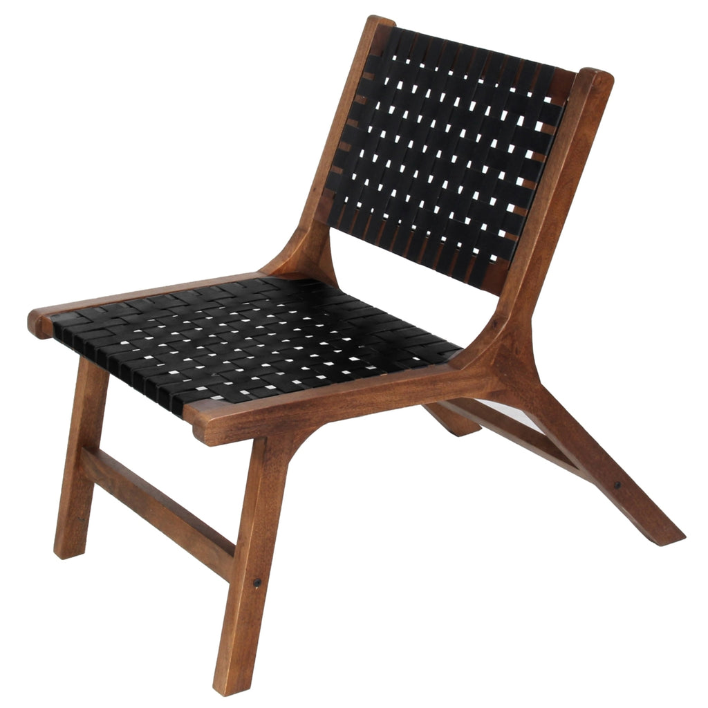 Walnut Brown Mango Wood Accent Chair with Woven Genuine Leather Seat V775