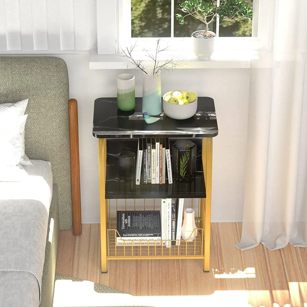 Black Marble 3 Tiers Nightstand with Wood and Metal Frame H40626