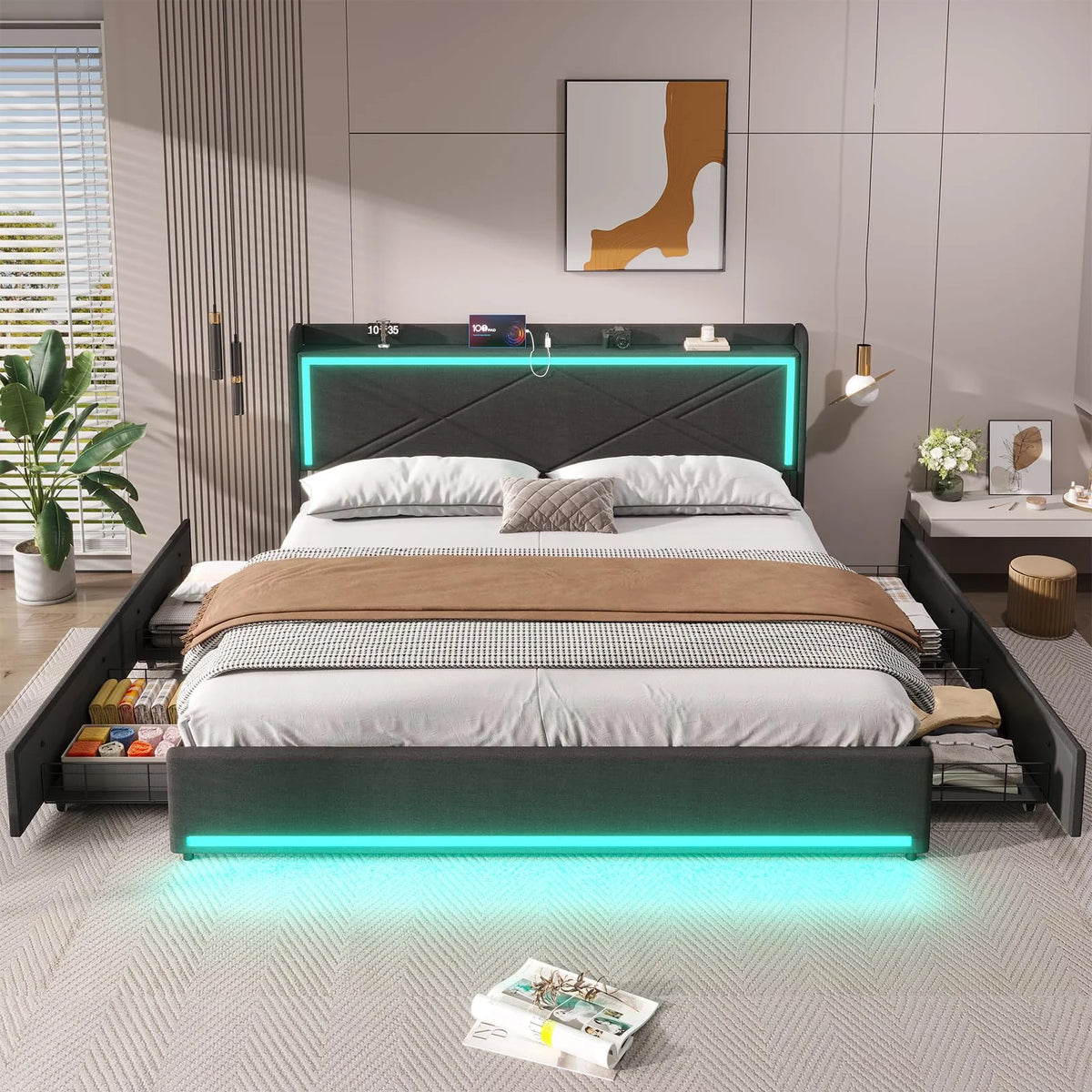 King Size Faux Leather Upholstered Platform Bed Frame with Storage Drawers, LED Lights Headboard, USB-C Charging Station, Black M77742
