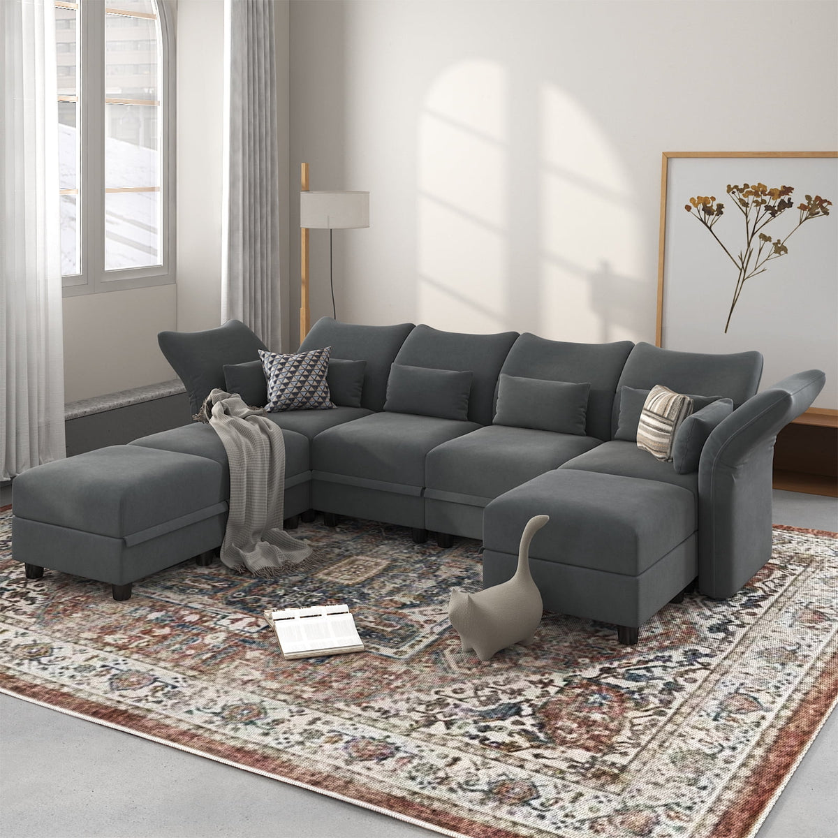 7-Seater Grey Velvet U Shaped Modular Sectional Sofa with Storage Chaise J776819