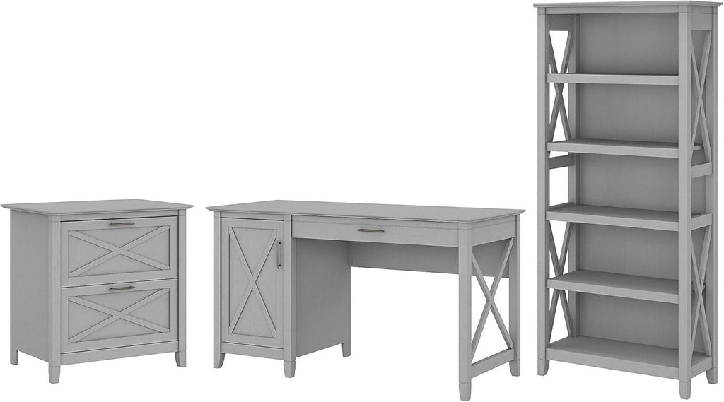 54W Dark Gray Hickory Computer Desk with 2 Drawer Lateral File Cabinet and 5 Shelf Bookcase A353465