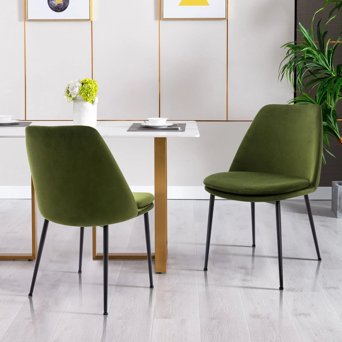 Velvet Upholstered Dining Chair Set of 2 with Black Metal Legs D179