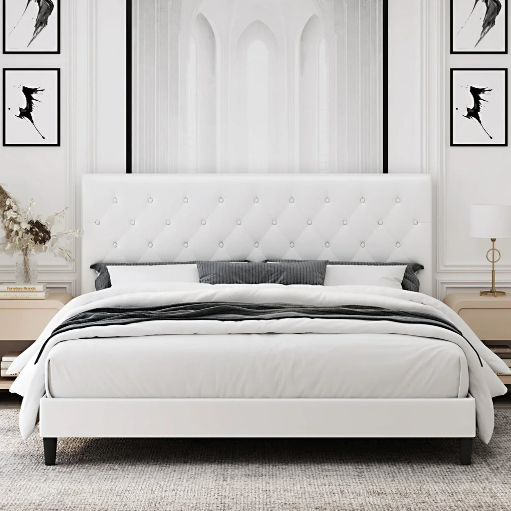 Black Faux Leather Upholstered Button Tufted Full Size Platform Bed Frame with Adjustable Headboard T17948
