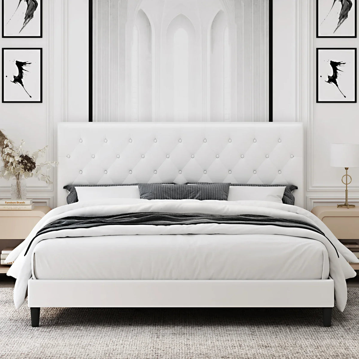 Black Faux Leather Upholstered Button Tufted Full Size Platform Bed Frame with Adjustable Headboard T17948