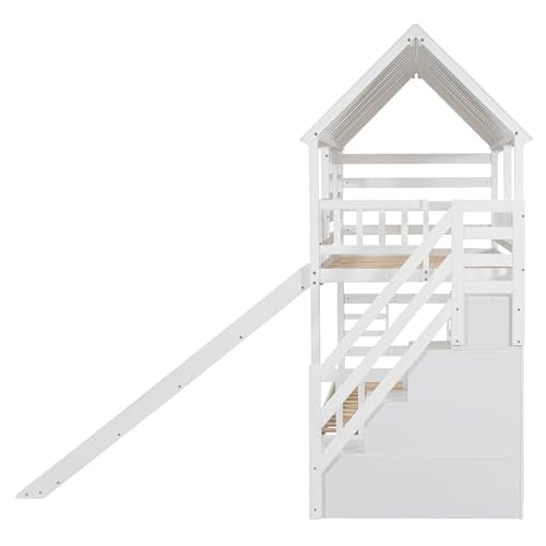 White Twin Over Twin Wood Bunk Bed with Slide and Trundle L618