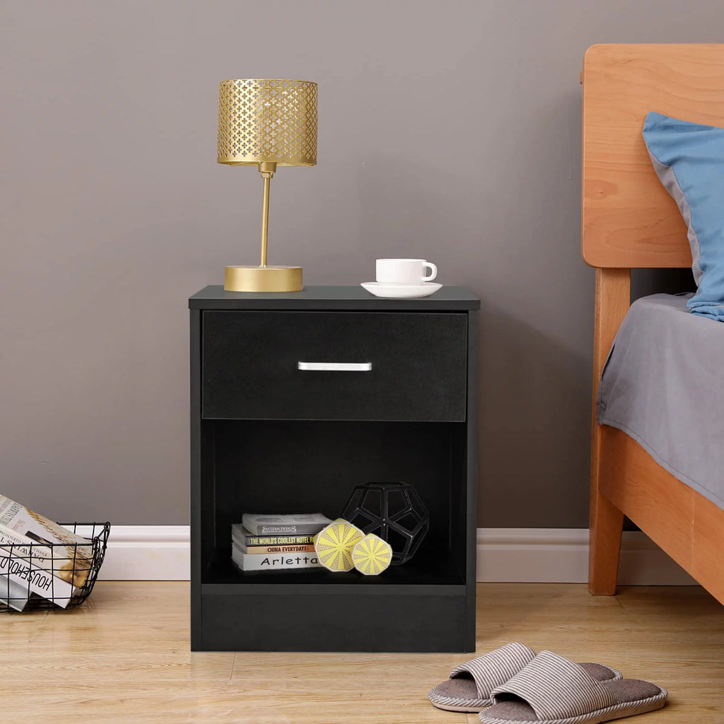 Set of 2 Black Wood Nightstand with Drawer S310878