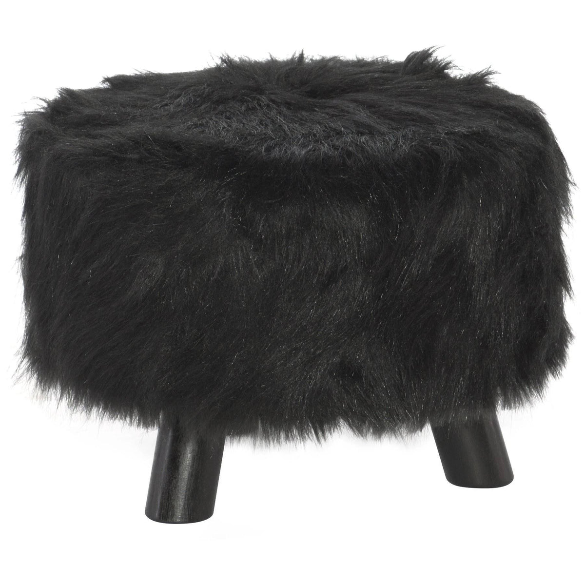 Black Faux Fur Upholstered Wooden Foot Stool V43560