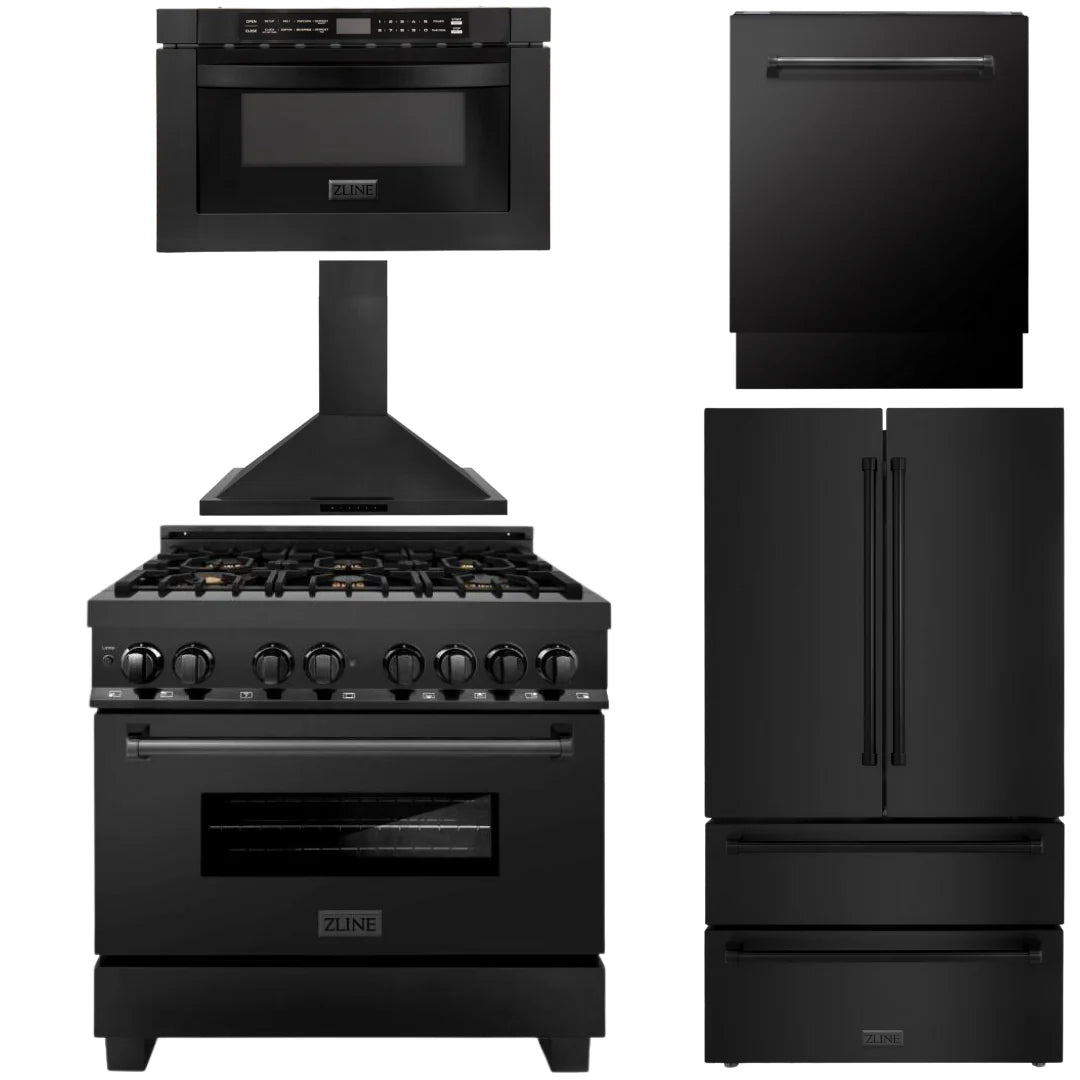 36 in. Range, Range Hood, Microwave Drawer, Dishwasher, Refrigerator J391