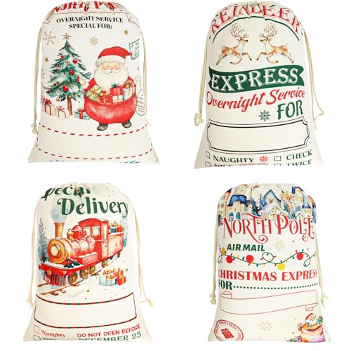4 Pack Large Christmas Canvas Gift Bags with Drawstring V64455