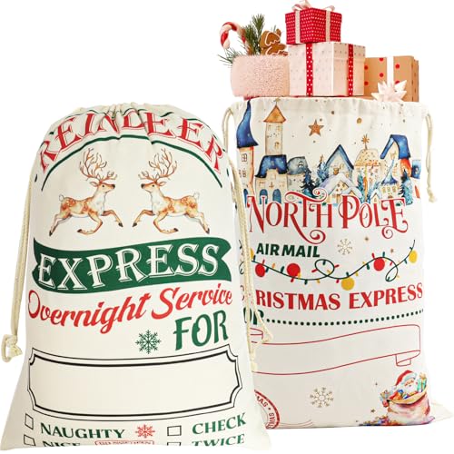 4 Pack Large Christmas Canvas Gift Bags with Drawstring V64455