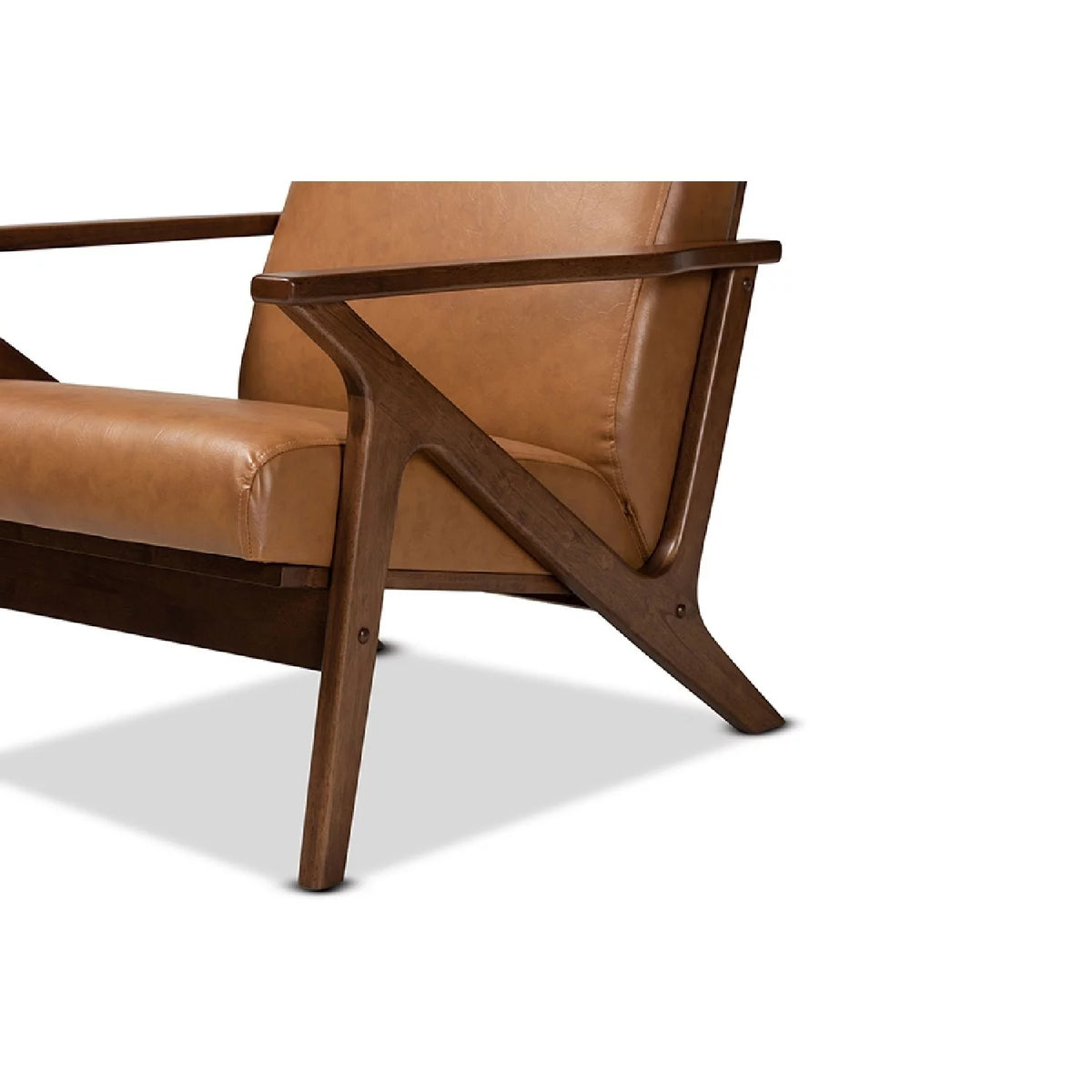 Walnut Brown Wood and Tan Faux Leather Lounge Chair S936