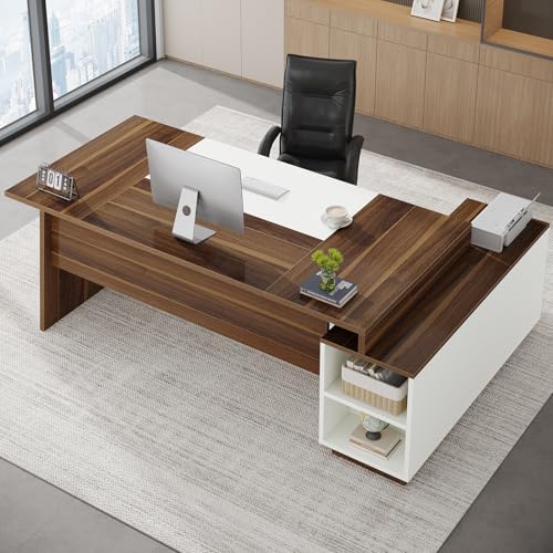 L-Shaped Executive Office Desk with Storage Cabinet and Shelves F937