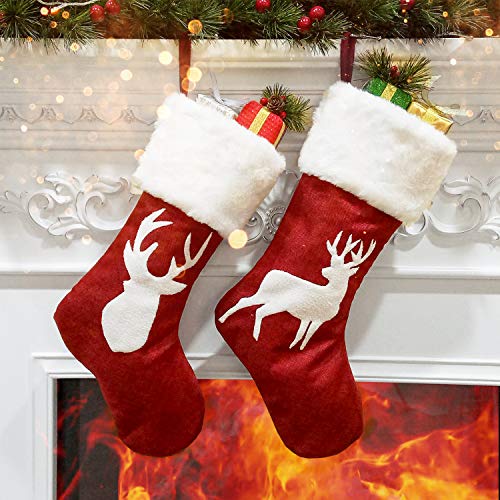2 Pcs 18 inches Burlap Christmas Stockings with Plush Cuff E52784