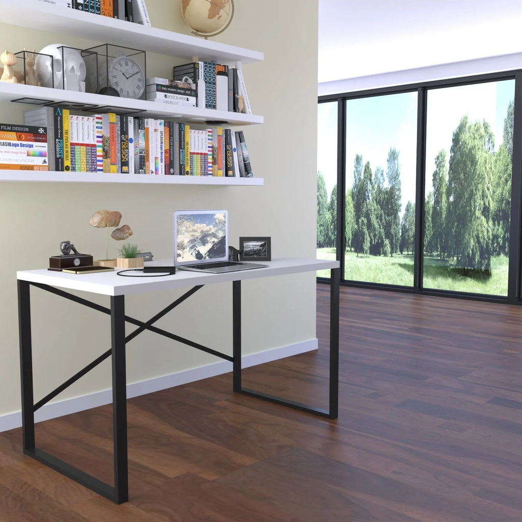Black Metal Frame Wooden Top Writing and Computer Desk Q662575