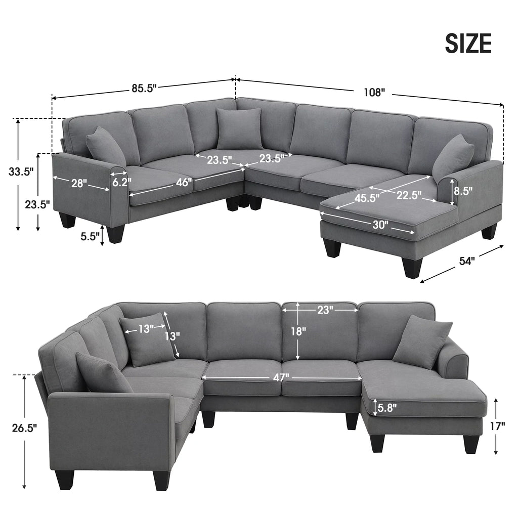 Dark Gray 7 Seat U Shape Sectional Sofa with 3 Pillows J662827