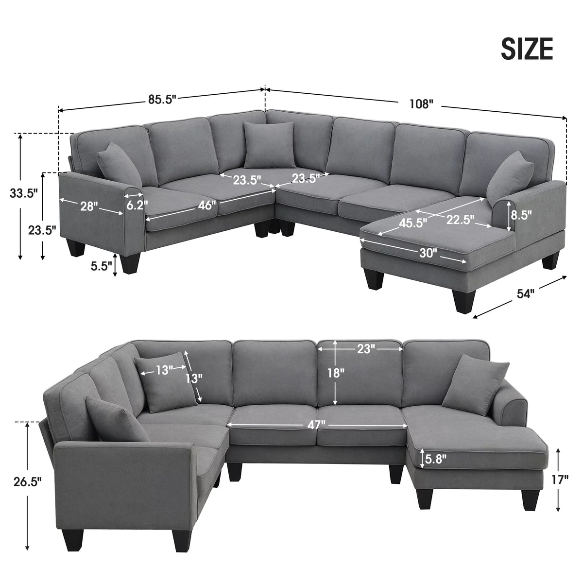 Dark Gray 7 Seat U Shape Sectional Sofa with 3 Pillows J662827