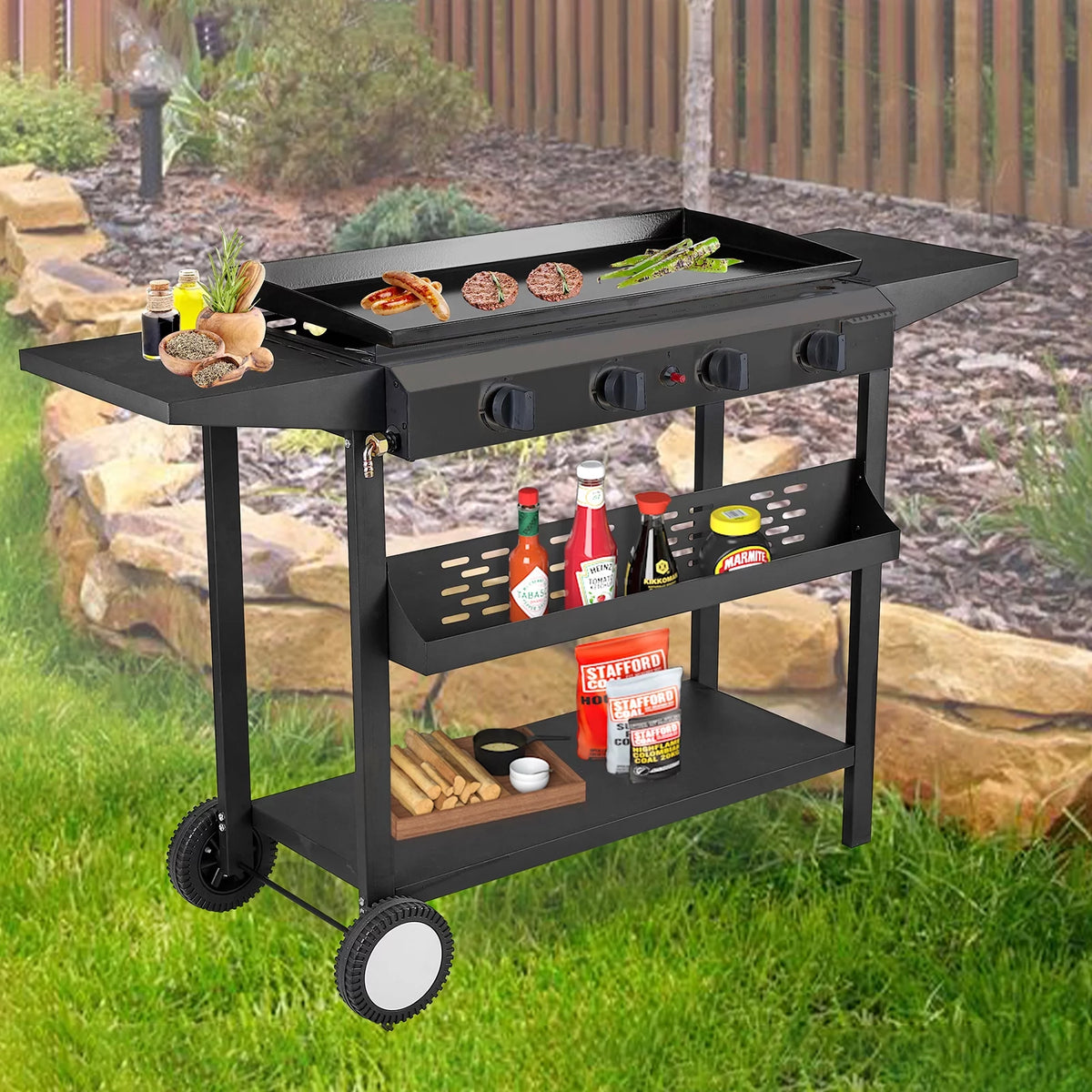 4 Burner Propane Gas Grill Griddle, Black Y4689