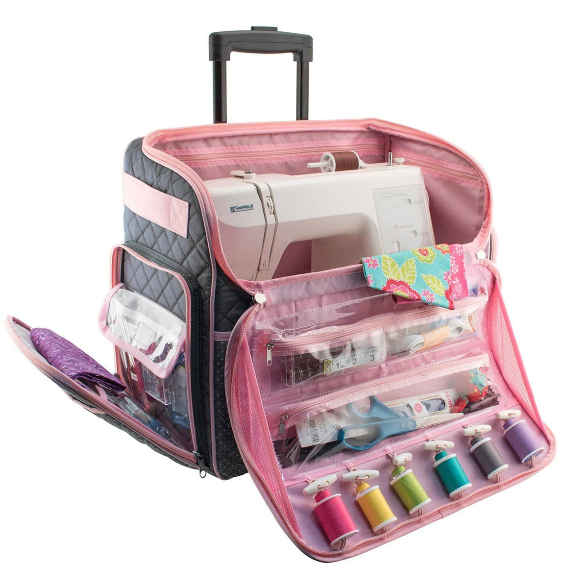 Pink Grey Quilted Rolling Sewing Machine Tote T7386