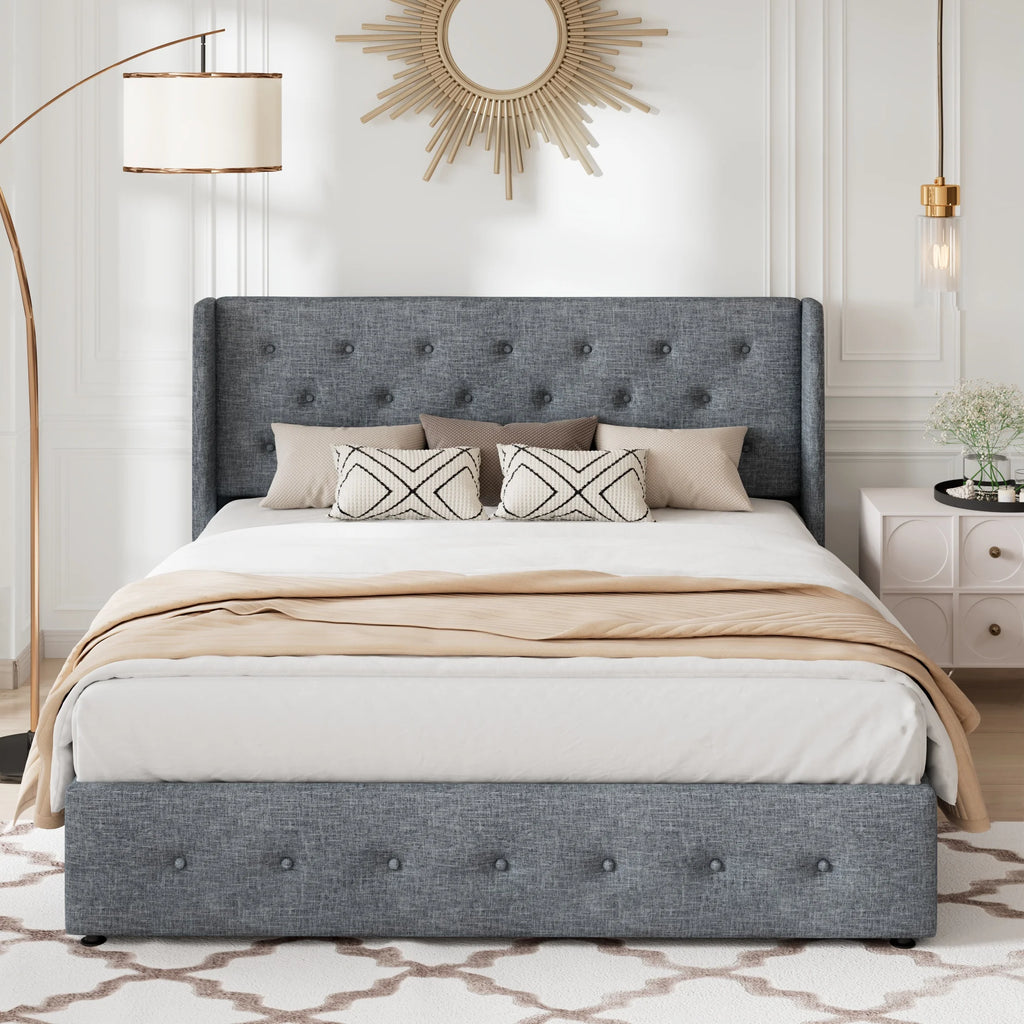 Queen Size Lift Up Platform Storage Bed Frame with Wingback Headboard X350257