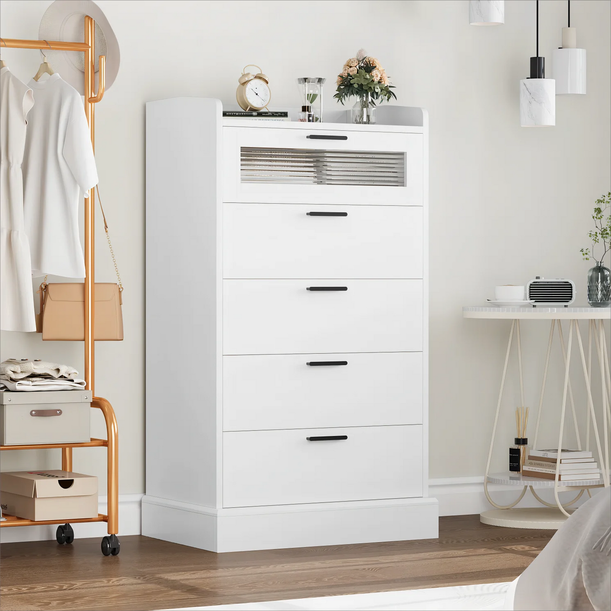 White 5 Drawer Glass Panel Wood Dresser D342533