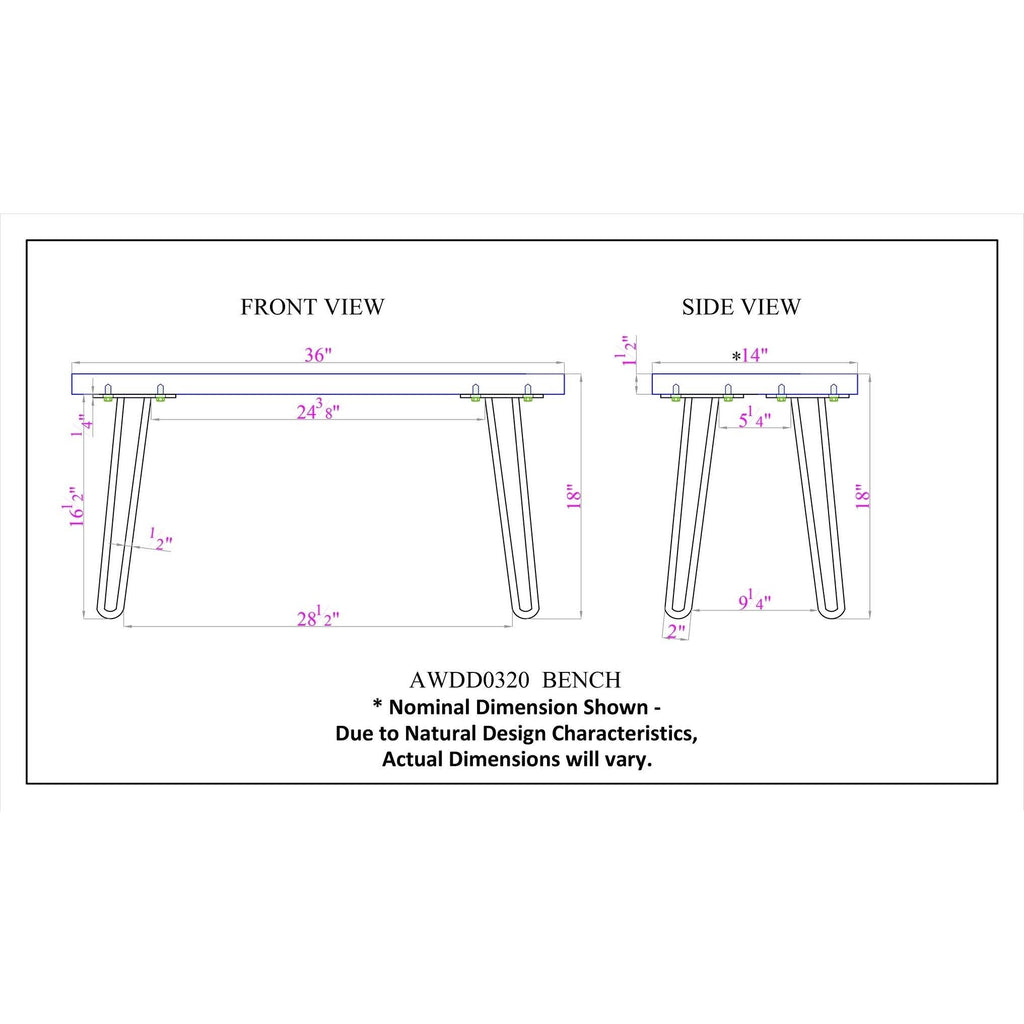 Hairpin Natural Live Edge Bench with Coat Hook Set X930206