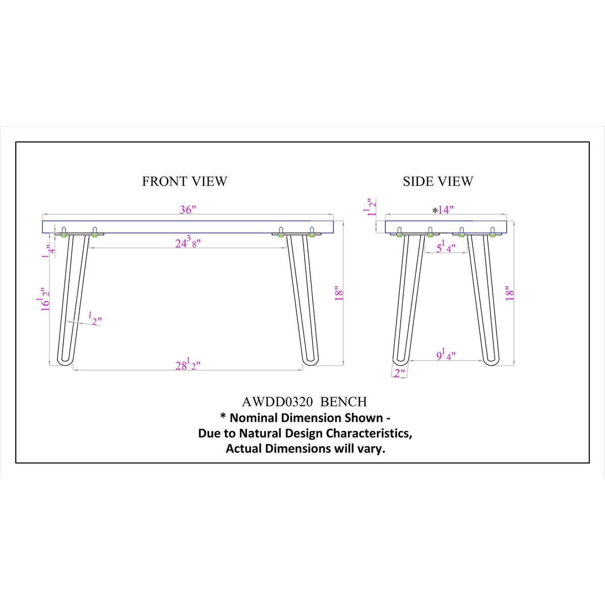 Hairpin Natural Live Edge Bench with Coat Hook Set X930206
