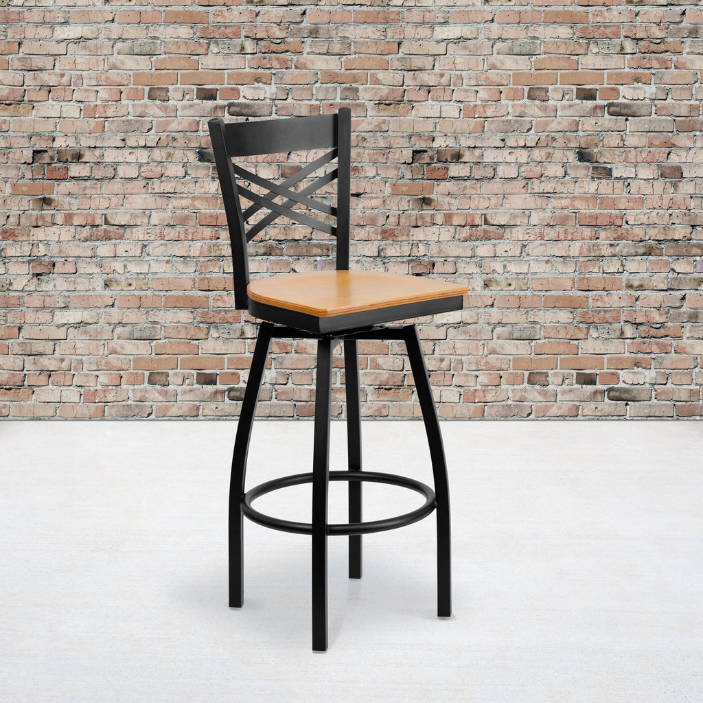 Black Swivel Metal Barstool with Wood Seat A68354