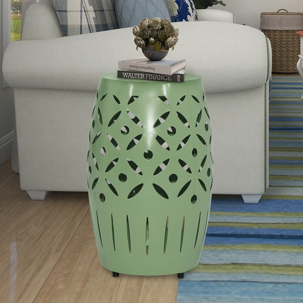 18 Inch Geometric Cut Iron Drum End Table D3358