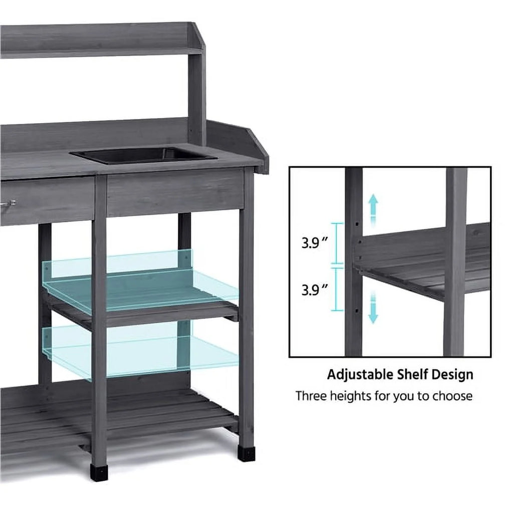 Wooden Potting Bench with Sink Drawer Rack Y748992