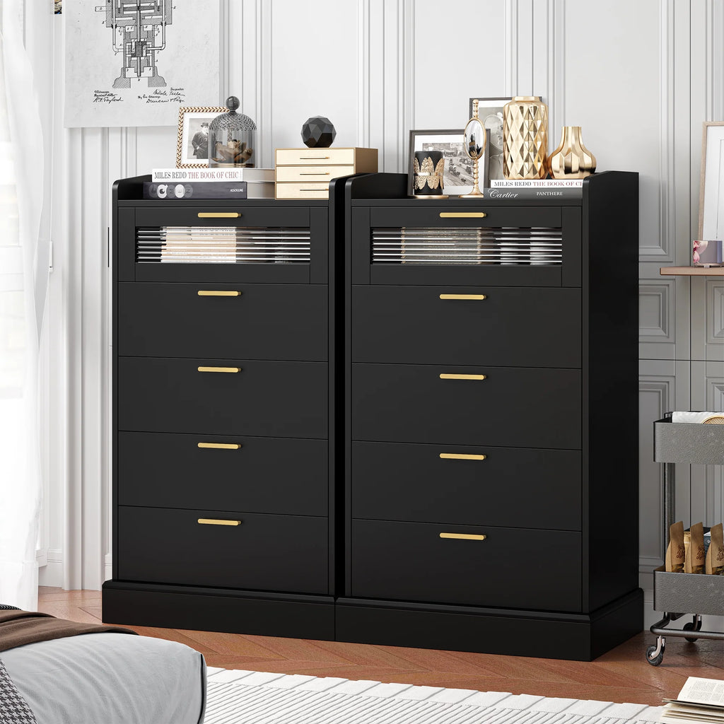 White 5 Drawer Glass Panel Wood Dresser D342533