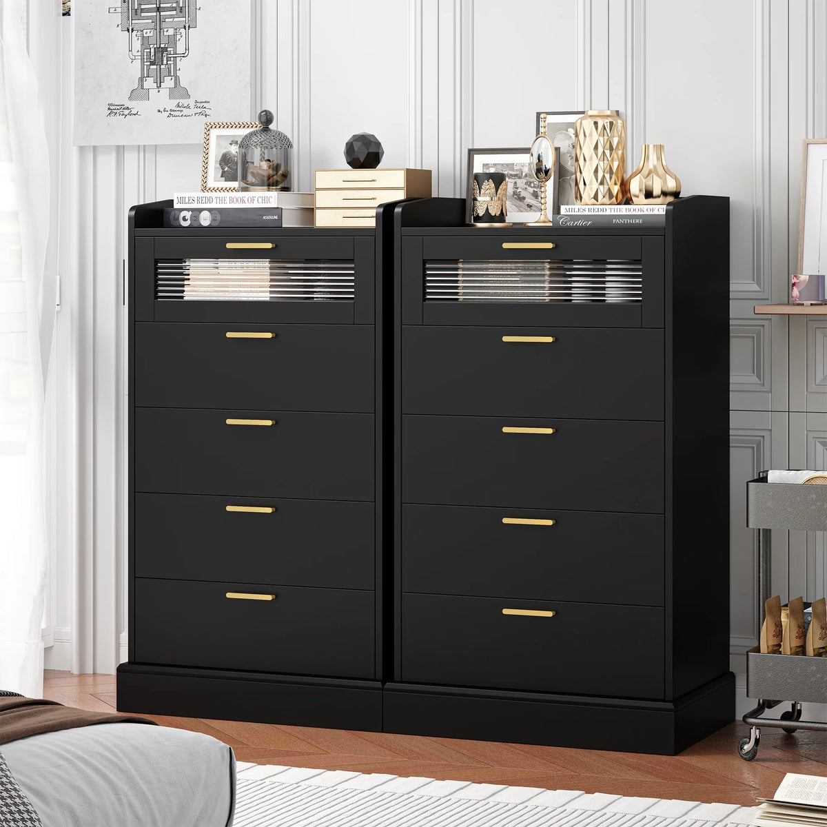 White 5 Drawer Glass Panel Wood Dresser D342533