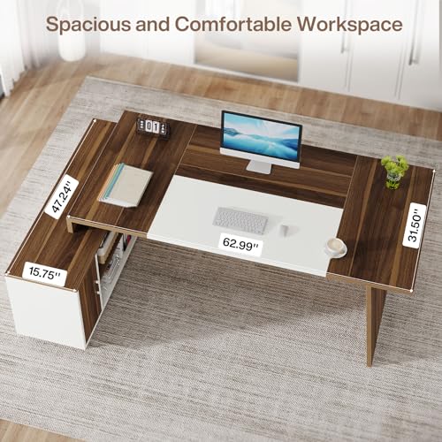 L-Shaped Executive Office Desk with Storage Cabinet and Shelves F937