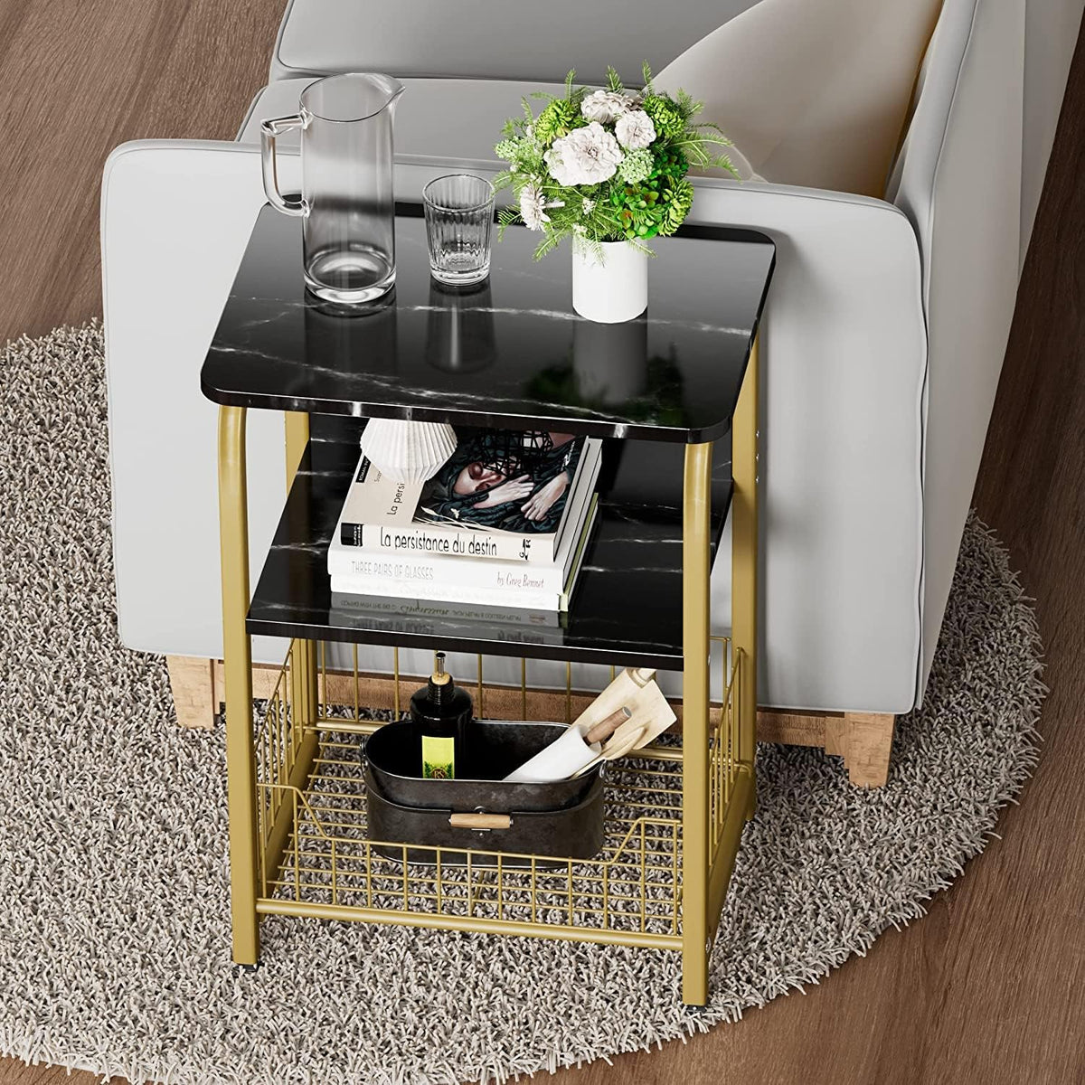 Black Marble 3 Tiers Nightstand with Wood and Metal Frame H40626
