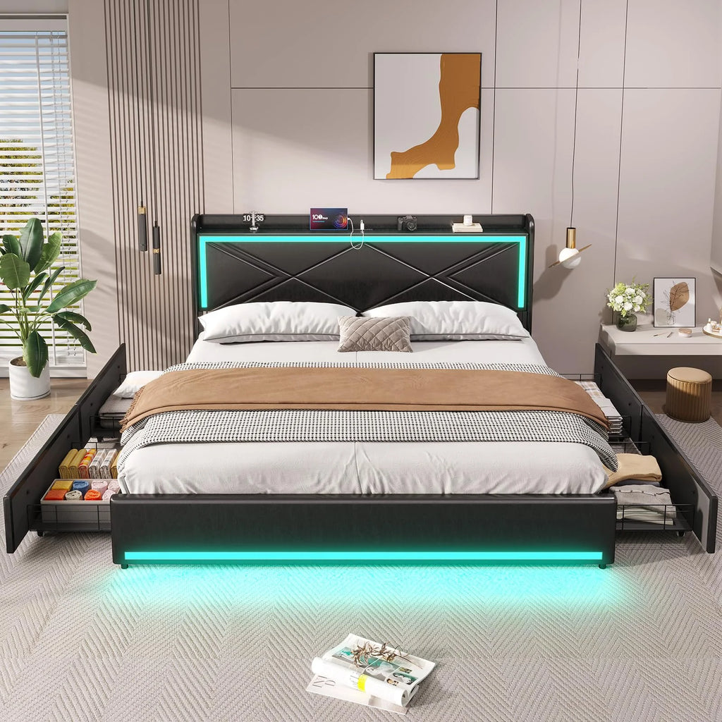 King Size Faux Leather Upholstered Platform Bed Frame with Storage Drawers, LED Lights Headboard, USB-C Charging Station, Black M77742