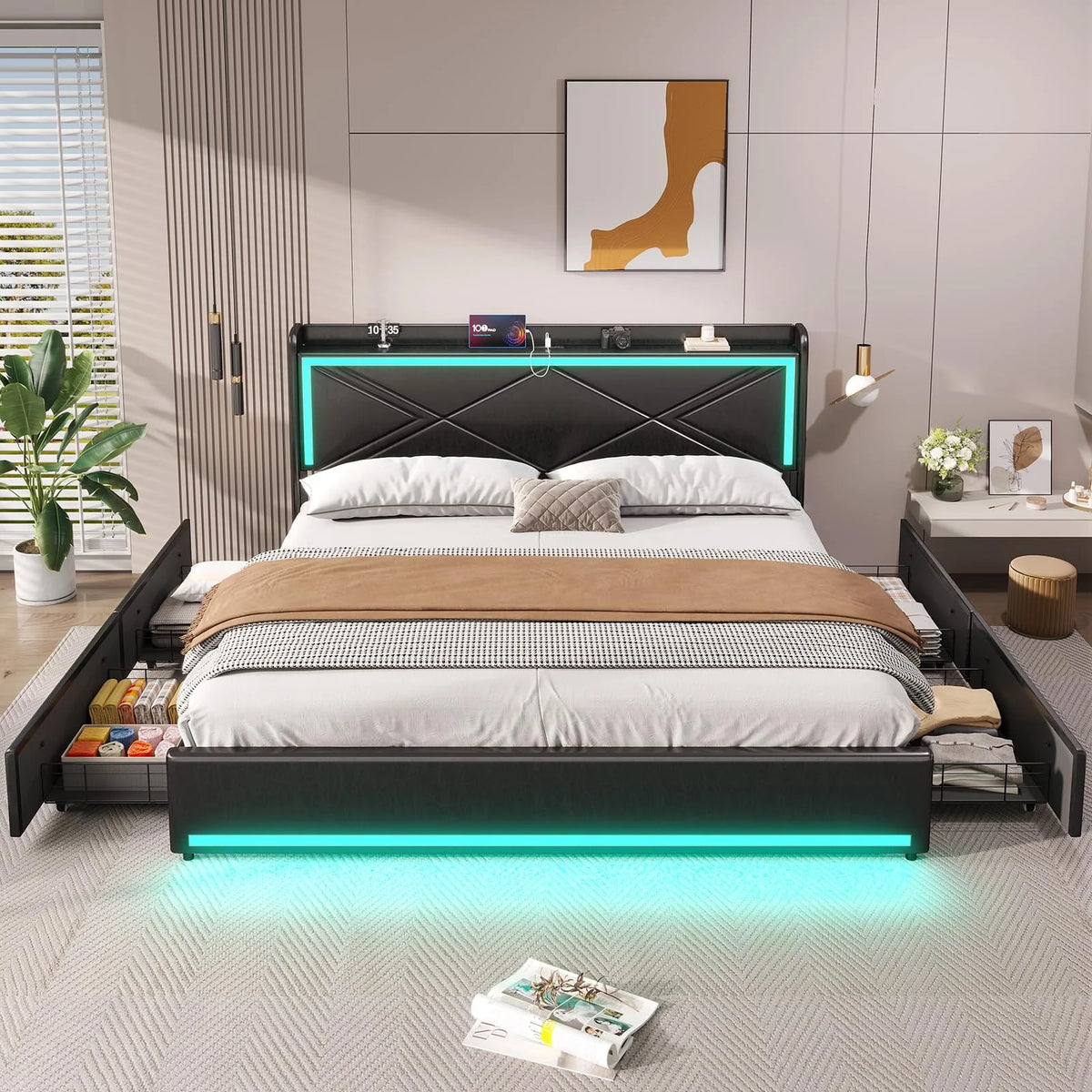 King Size Faux Leather Upholstered Platform Bed Frame with Storage Drawers, LED Lights Headboard, USB-C Charging Station, Black M77742