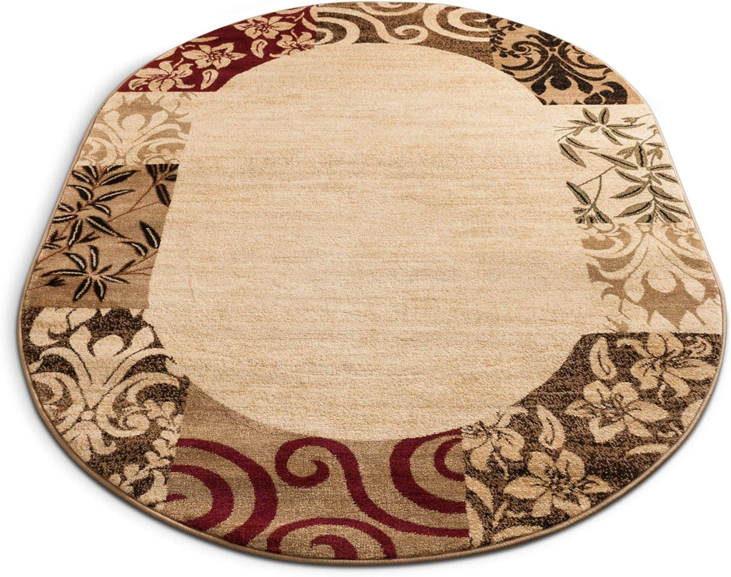 Beige Damask Border Rug 7x10 Oval T120024